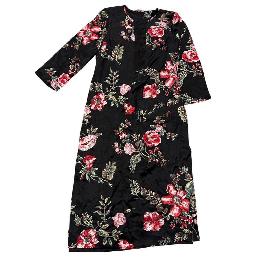 August Silk Intimates 100% Silk Floral Midi Dress Size M Black Red Rose Botanica